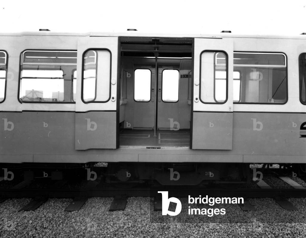 A prototype rail car being tested on the Birmingham test track, UK, 1975 (b/w photo)