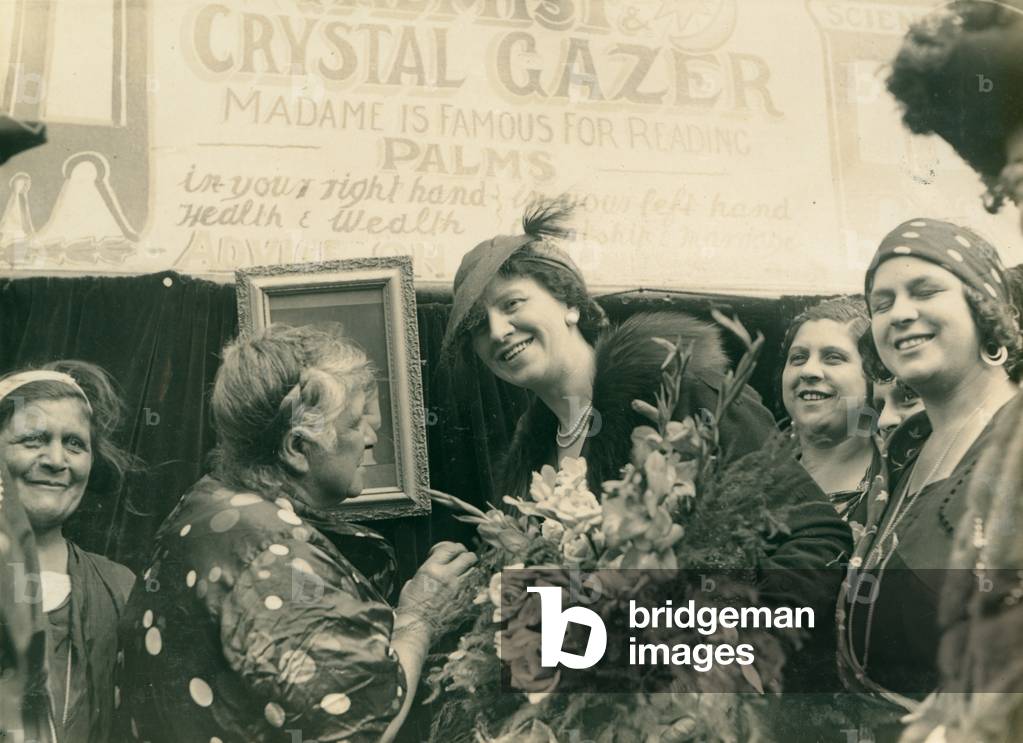 Lady Mayoress meeting a fortune-teller, Newcastle, UK, 1937 (b/w photo)