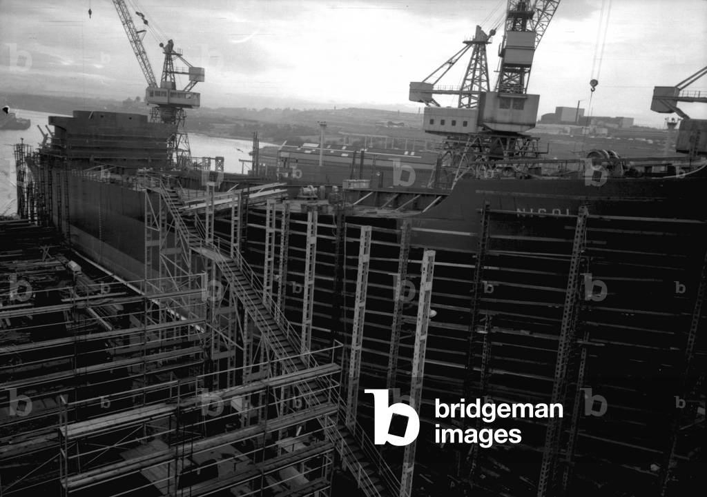 View of 'Nicola', the first SD14, getting a coat of paint shortly before launch at the Southwick shipyard, Sunderland, mid-December 1967 (b/w photo)

