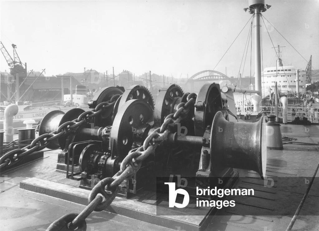 Deck view on the tanker 'Aluco', Sunderland, Tyne and Wear, UK, October 1959 (b/w photo)

