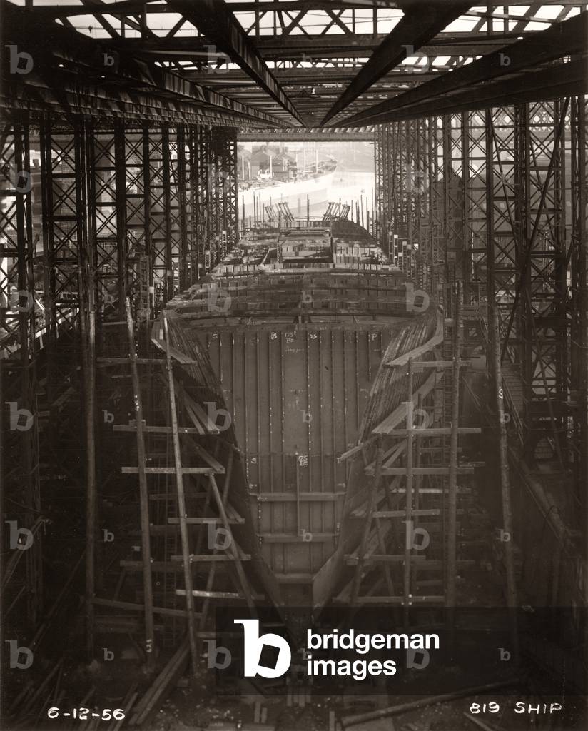 Work on the bulkheads and main deck of Northbank progressing well at the shipyard of William Doxford & Sons, Sunderland, 6th December 1956 (b/w photo)