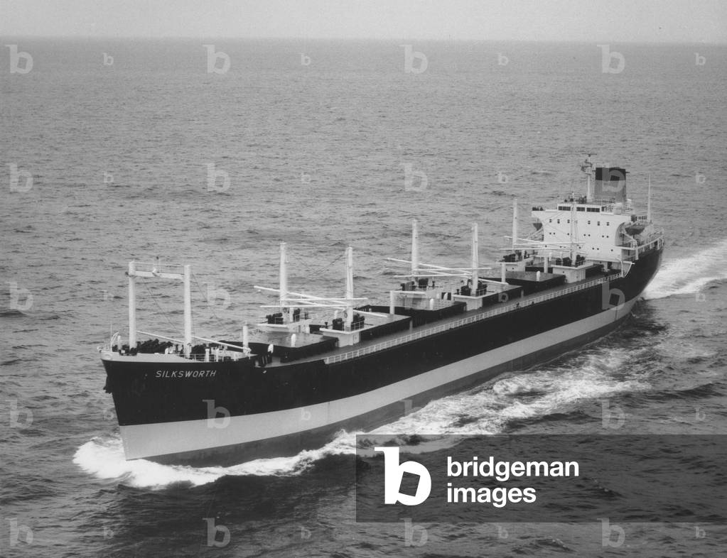Aerial view of the bulk carrier 'Silksworth' on sea trials, Sunderland, Tyne and Wear, UK, May 1964 (b/w photo)
