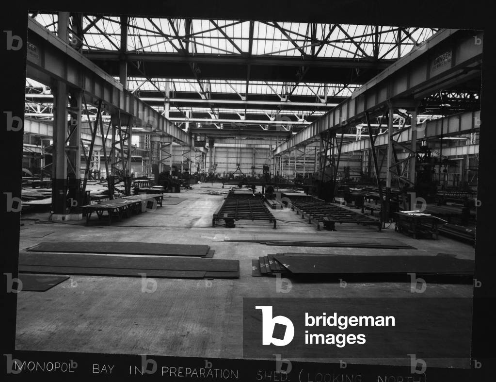 Monopol Bay in the preparation shed (looking North), Hawthorn Leslie Yard, Hebburn, UK, September 1960 (b/w photo)