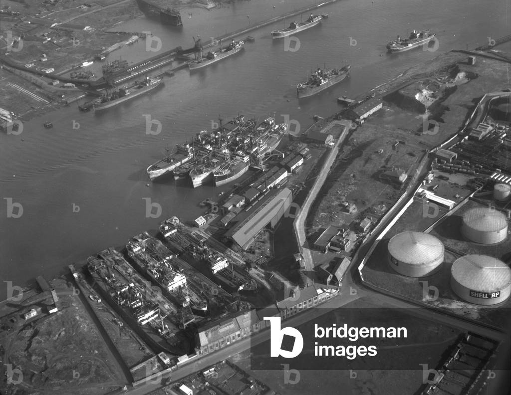 Ship repair yard of Mercantile Dry Dock Co Ltd, Jarrow, UK, March 1950 (b/w photo)