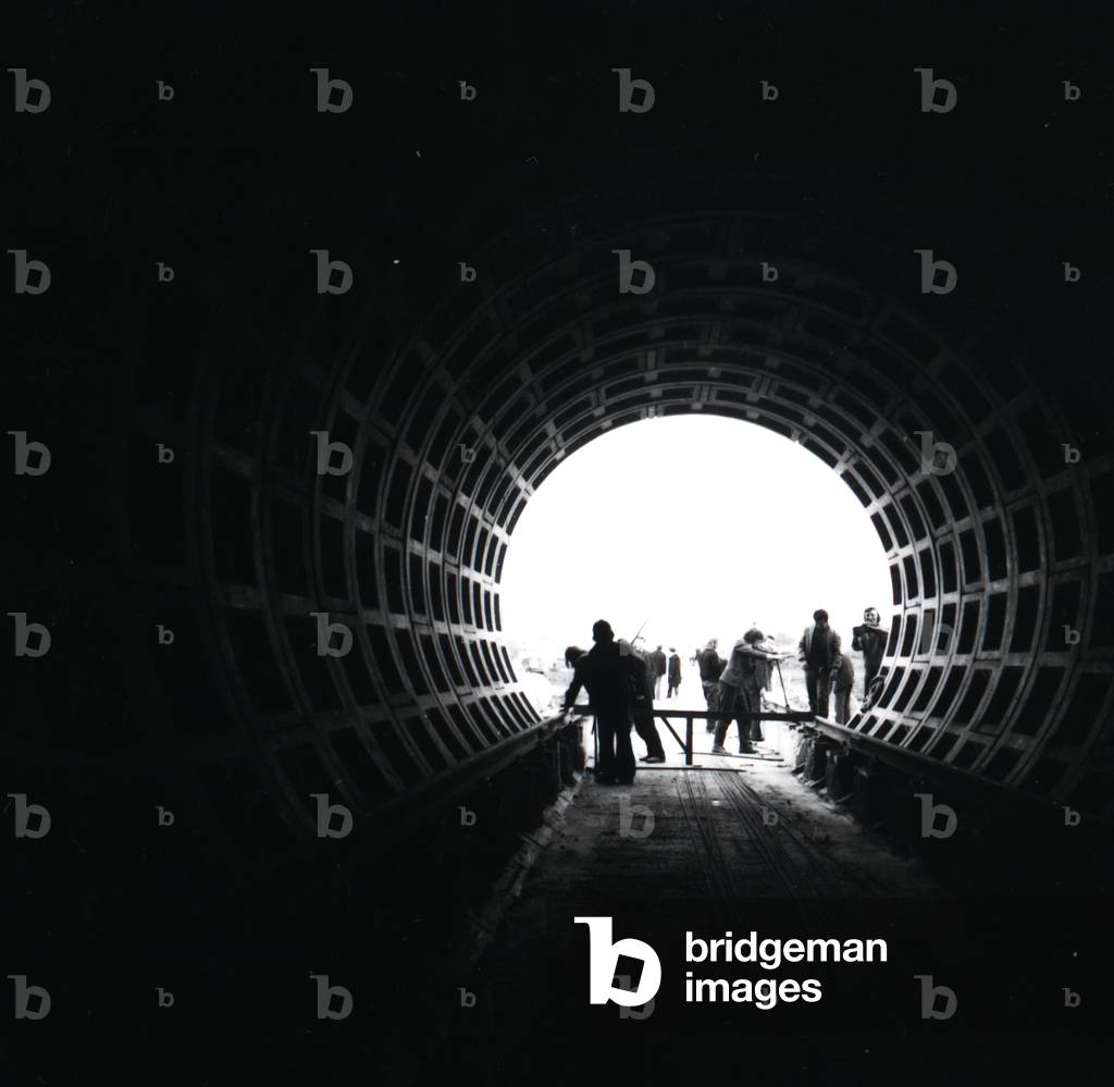 Inside the rail gang test track, UK, 1975 (b/w photo)