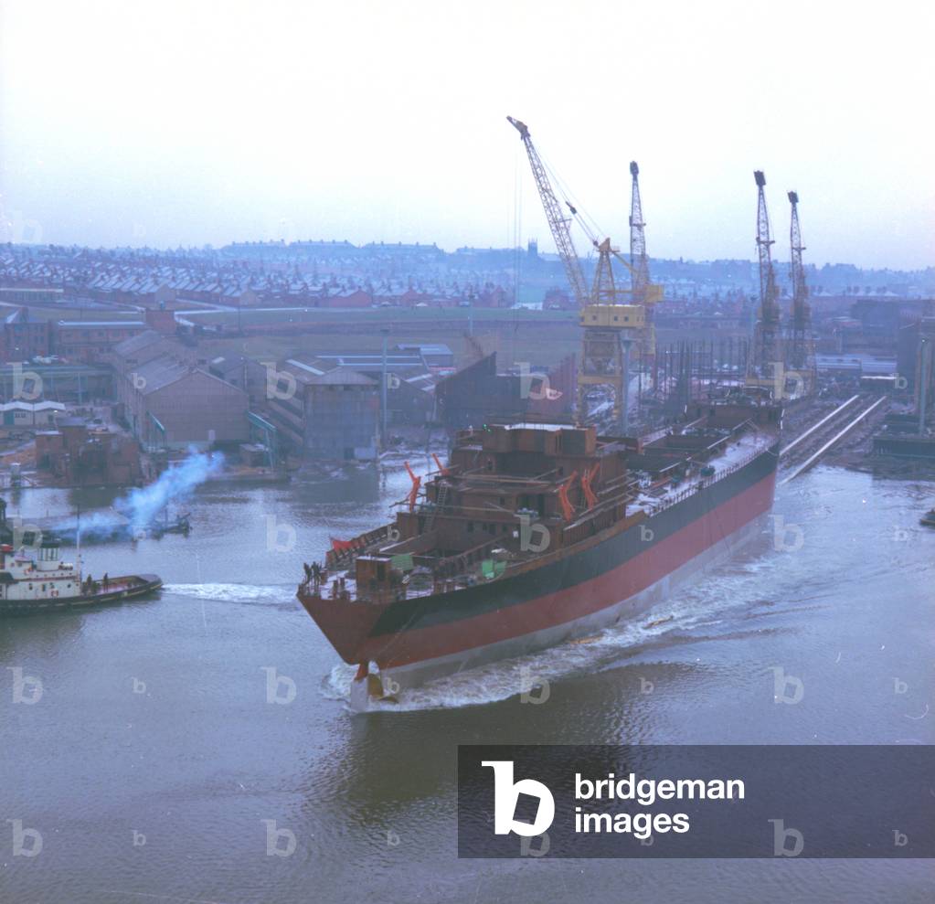 View of 'Nicola', the first SD14, as she is launched at the Southwick shipyard, Sunderland, 29 December 1967 (colour photo)

