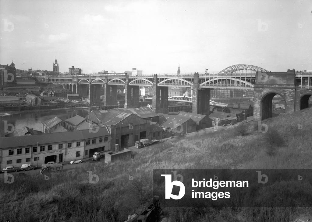View of the High Level Bridge from Gateshead, High Level Bridge, UK, April 1969 (b/w photo)