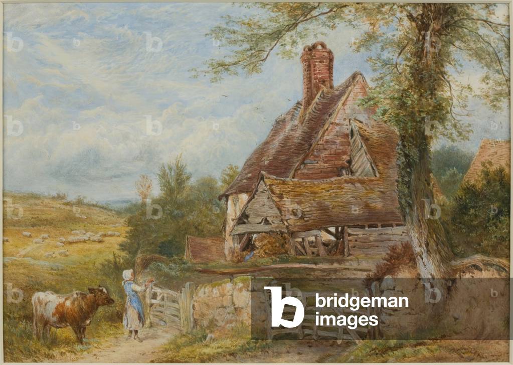 Landscape with Cottage, Girl and Cow (bodycolour & pencil on paper, pasted on card)