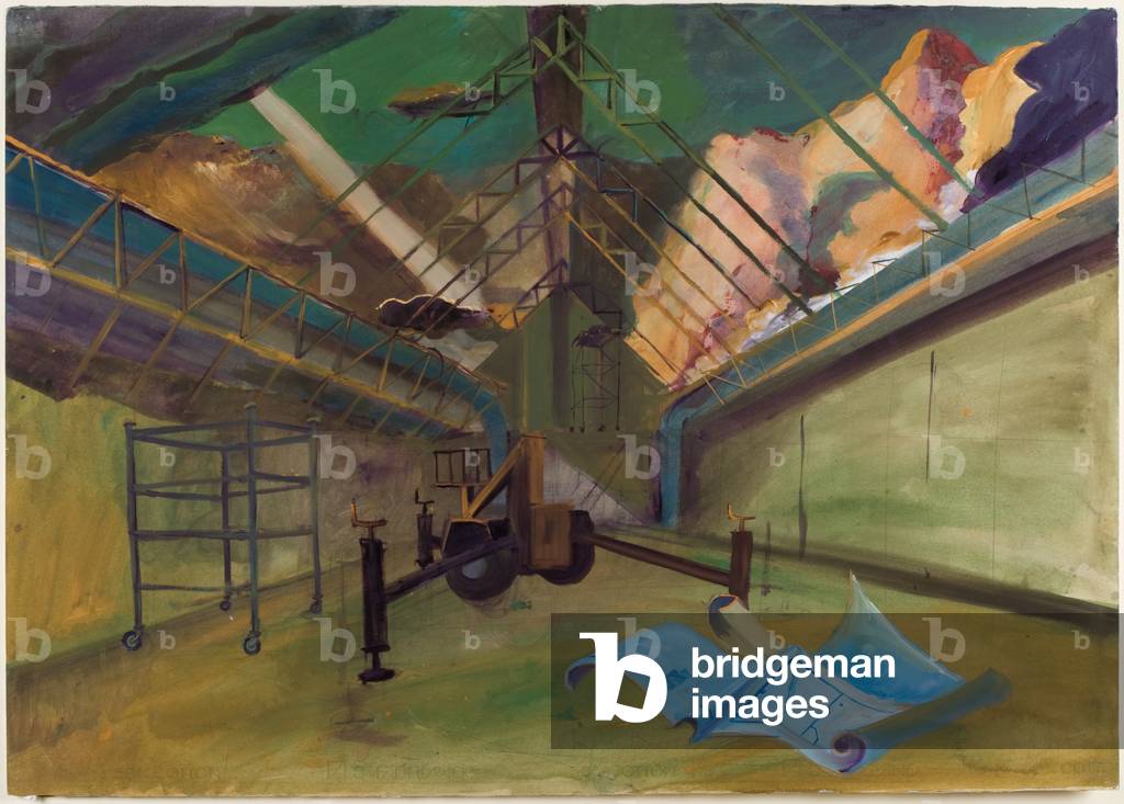 Cherry Picker in Central Exhibition Space, Rye Hill, 1986 (w/c, bodycolour & acrylic on paper)