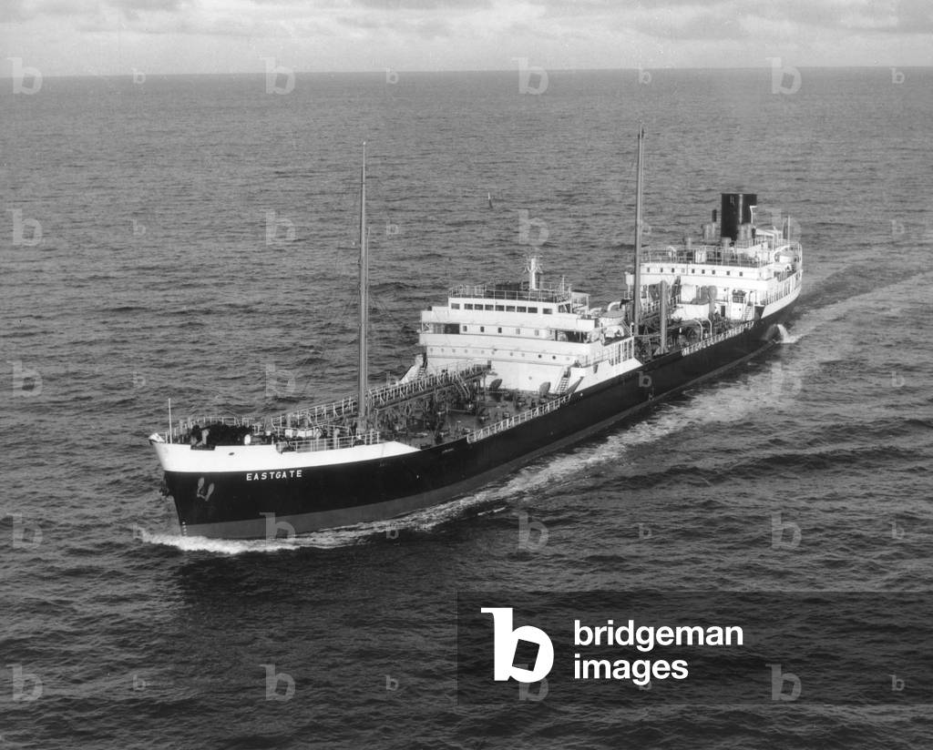 Aerial view of the tanker ‘Eastgate’ on sea trials, Sunderland, Tyne and Wear, UK, November 1957 (b/w photo)
