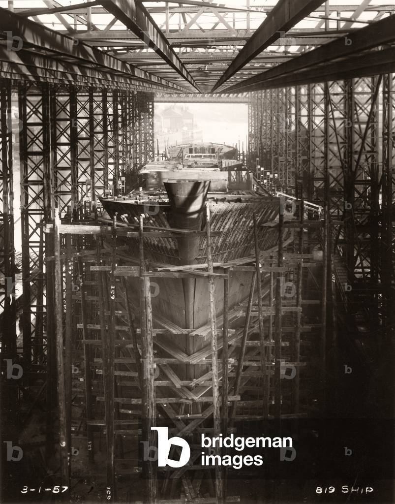 Work is underway on the upper deck of the cargo ship ‘Northbank’ at the shipyard of William Doxford & Sons, Sunderland, 3rd January 1957 (b/w photo)