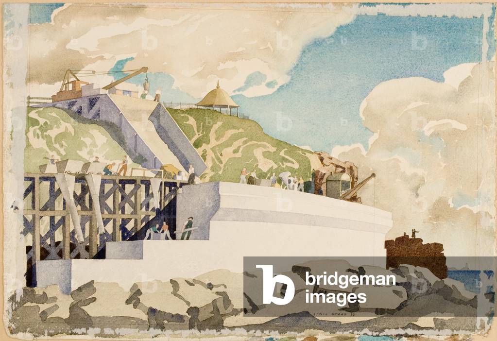Building the Sea Wall, Whitley Bay, 1939 (pencil & w/c on paper pasted on card)