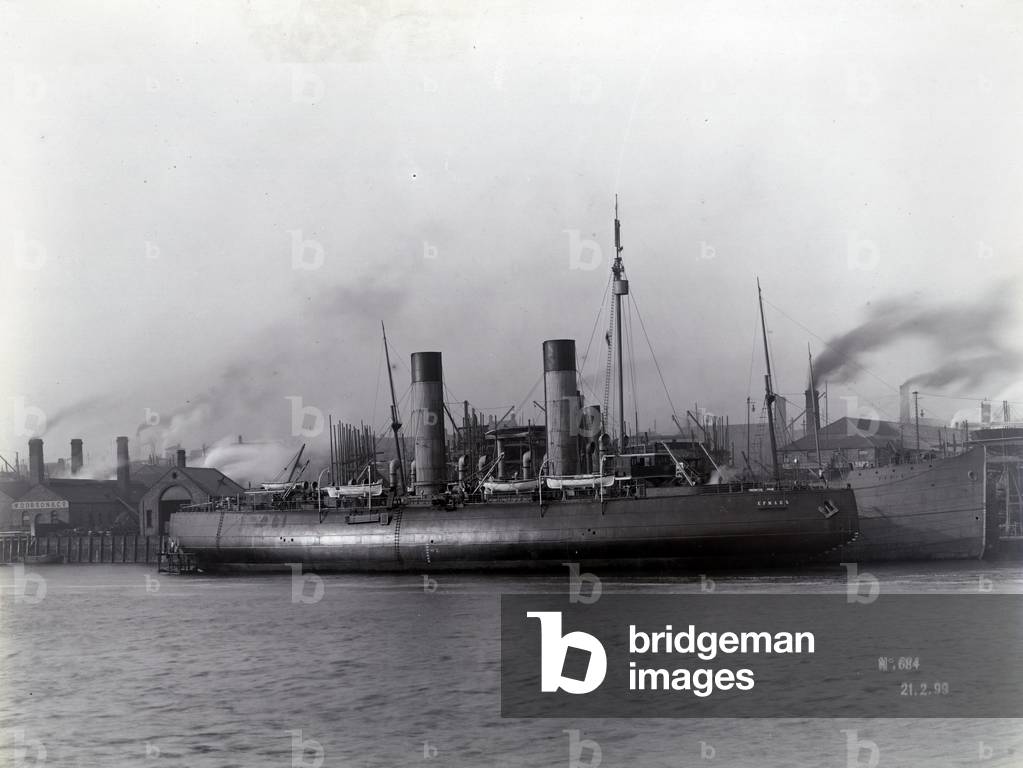 Starboard side of the icebreaker 'Ermack' moored at the Low Walker Yard, Newcastle upon Tyne, 1898-99 (b/w photo)