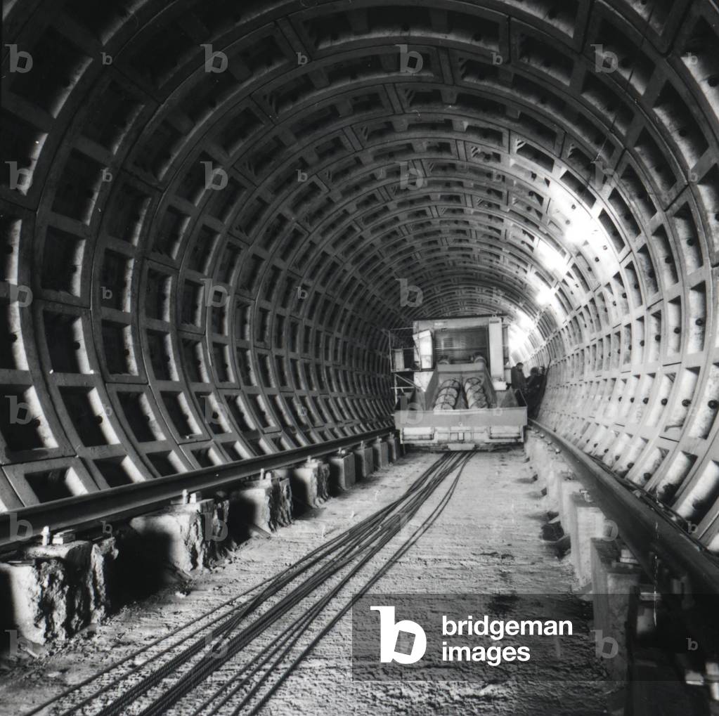 Inside the Rail gang Test Track, UK, 1975 (b/w photo)