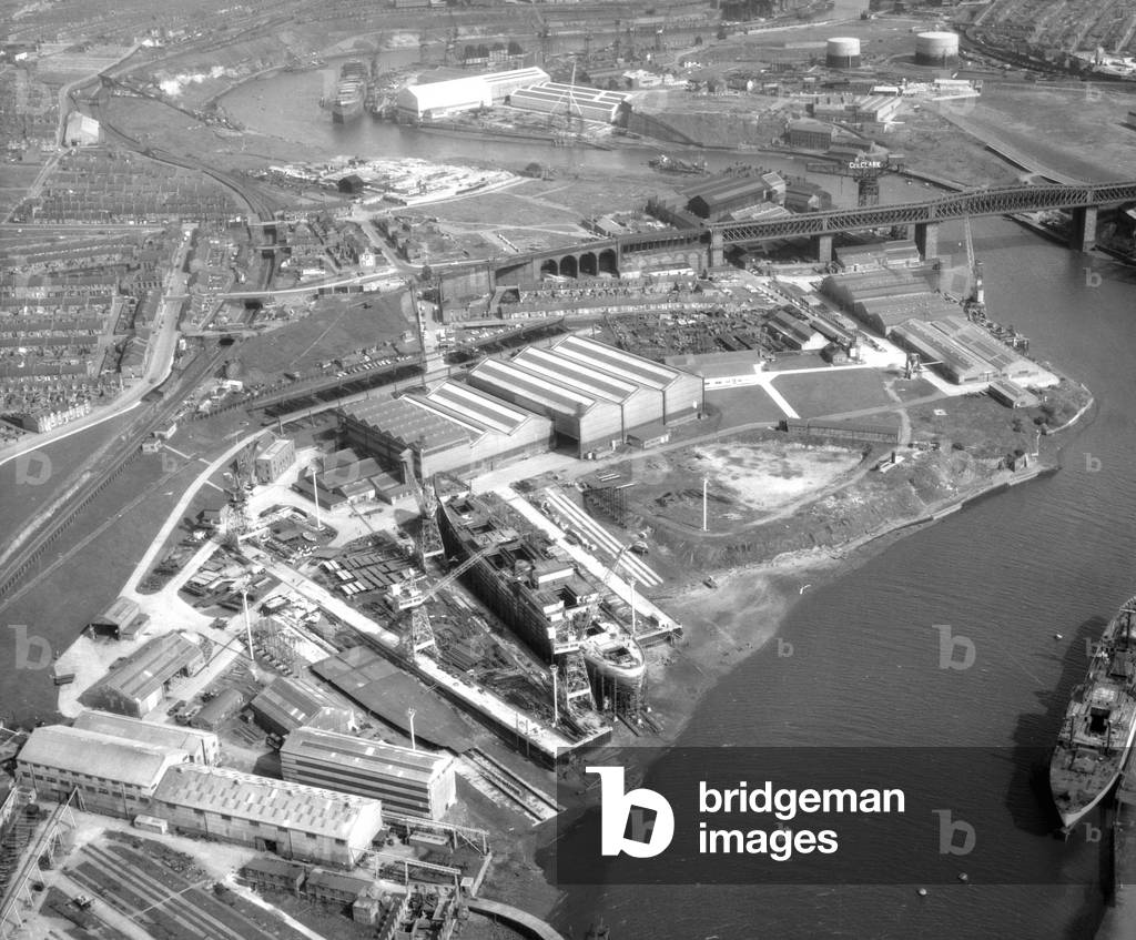 Aerial view of the Southwick shipyard of Austin & Pickersgill, Sunderland, UK, 1965 (b/w photo)