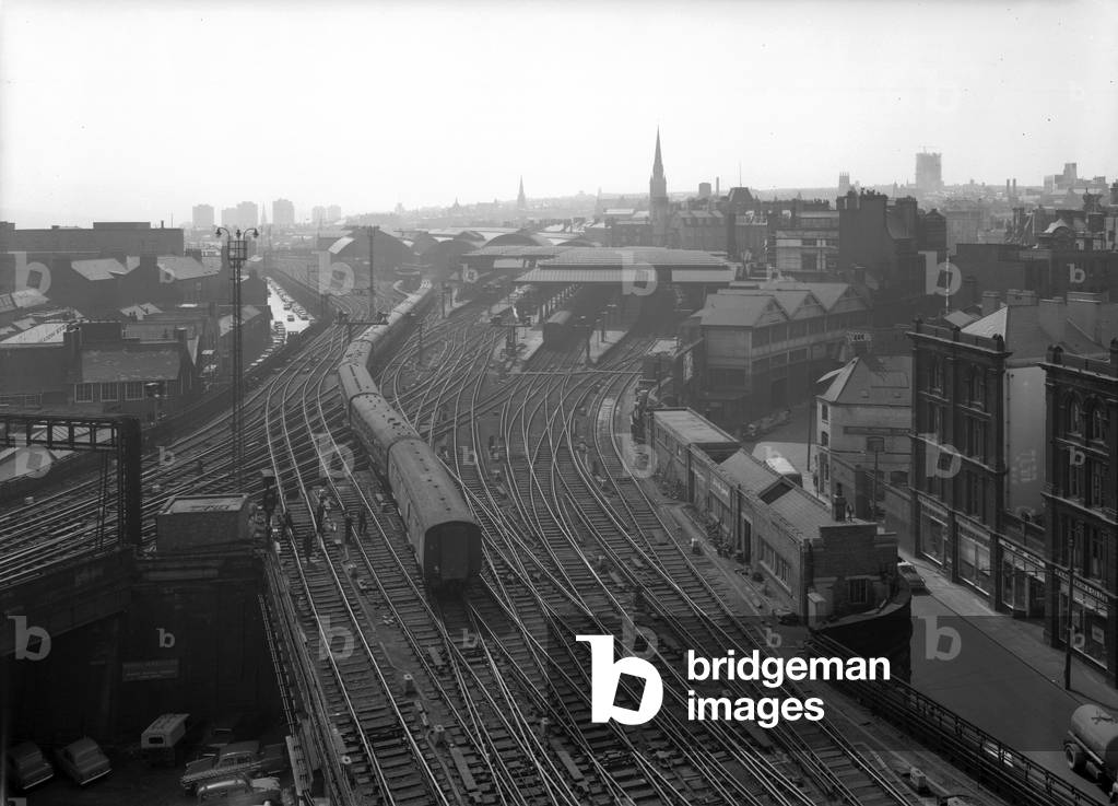 Newcastle Central Station junction, Newcastle upon Tyne, UK, June 1963 (b/w photo)