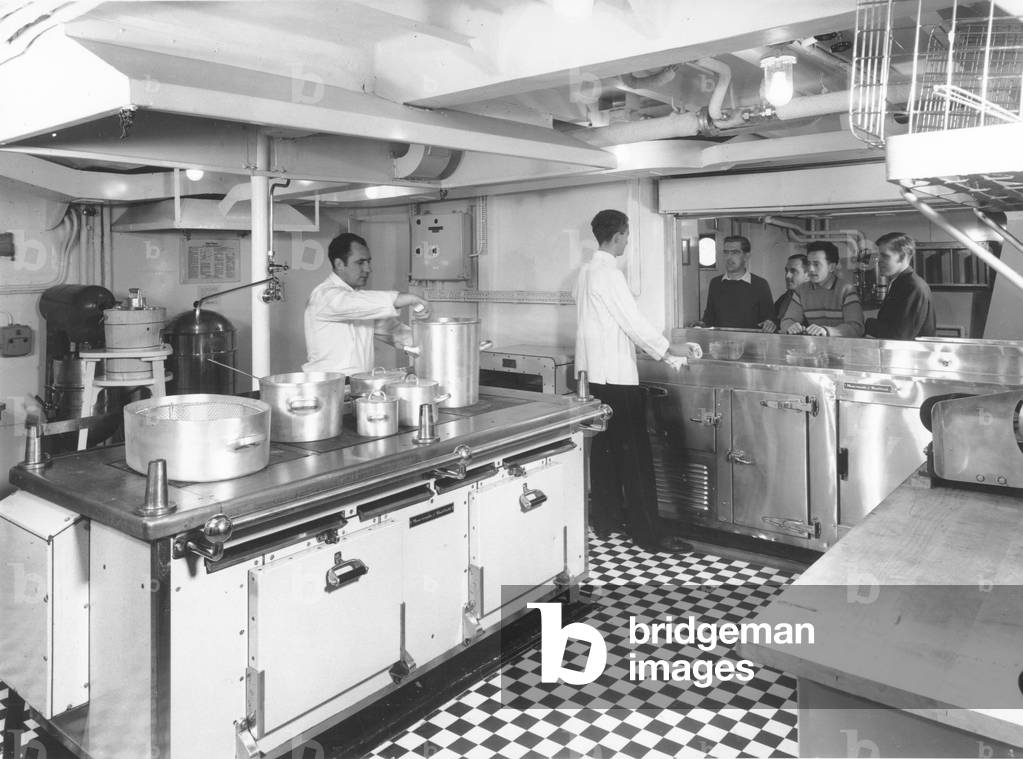 Galley on the tanker ‘Aluco’, Sunderland, Tyne and Wear, UK, October 1959 (b/w photo)
