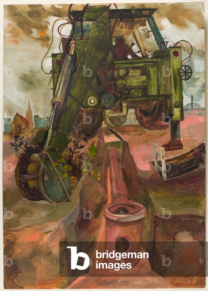 J.C.B. Digging Trenches for Car Park Drainage System, Rye Hill Site, 1986 (w/c, bodycolour & acrylic on paper)
