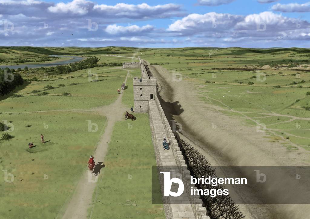 Reconstruction of Hadrian’s Wall in the second century AD, looking west toward Milecastle 3 and Newcastle, 2015 (digital)