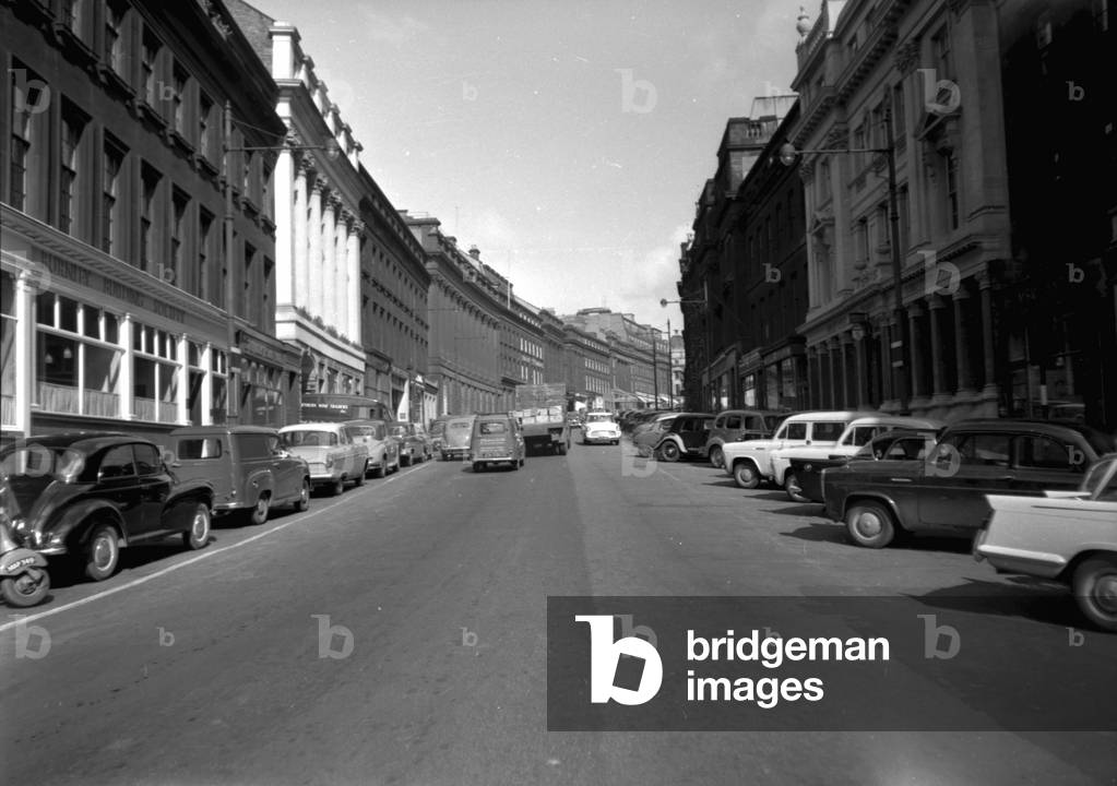 View of Grey Street, looking up from near the bottom, Newcastle upon Tyne, UK, May 1961 (b/w photo)