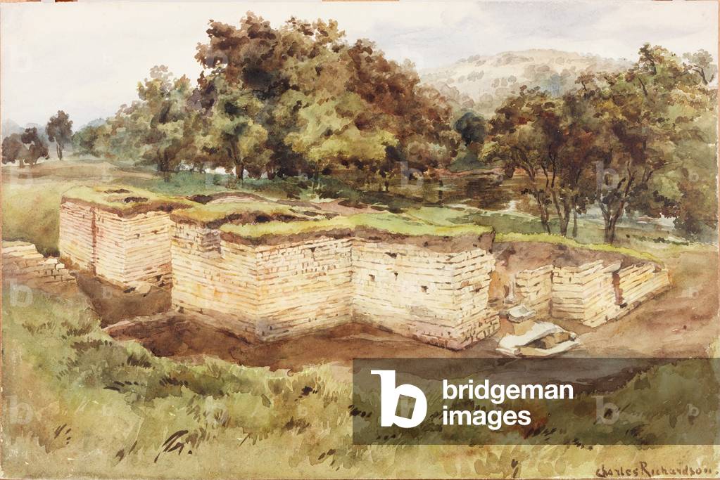 Chesters Bath House from the South West (bodycolour, pencil & w/c on paper)