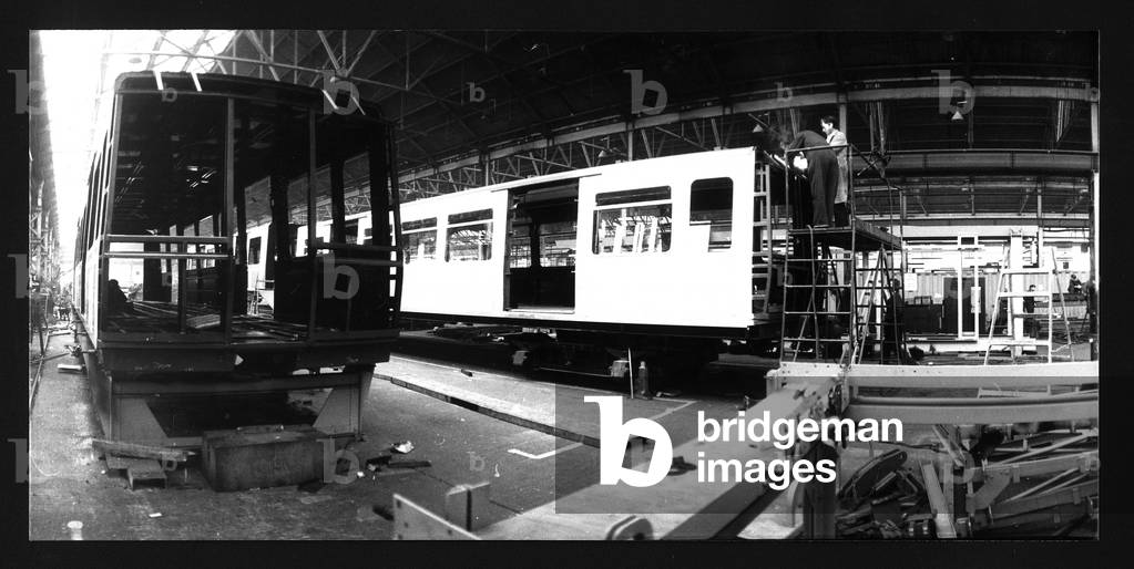 Prototype rail cars being constructed at a Birmingham Factory, UK, 1975 (b/w photo)