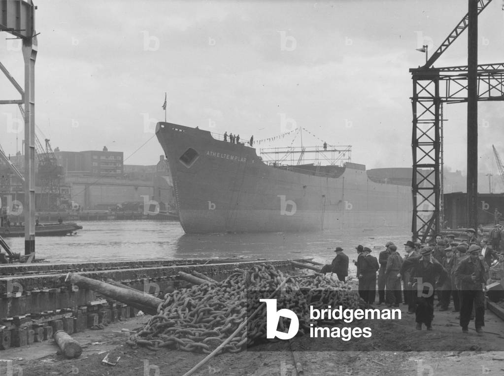 The tanker 'Atheltemplar' afloat on the River Wear after launch, Sunderland, Tyne and Wear, UK, 1951 (b/w photo)
