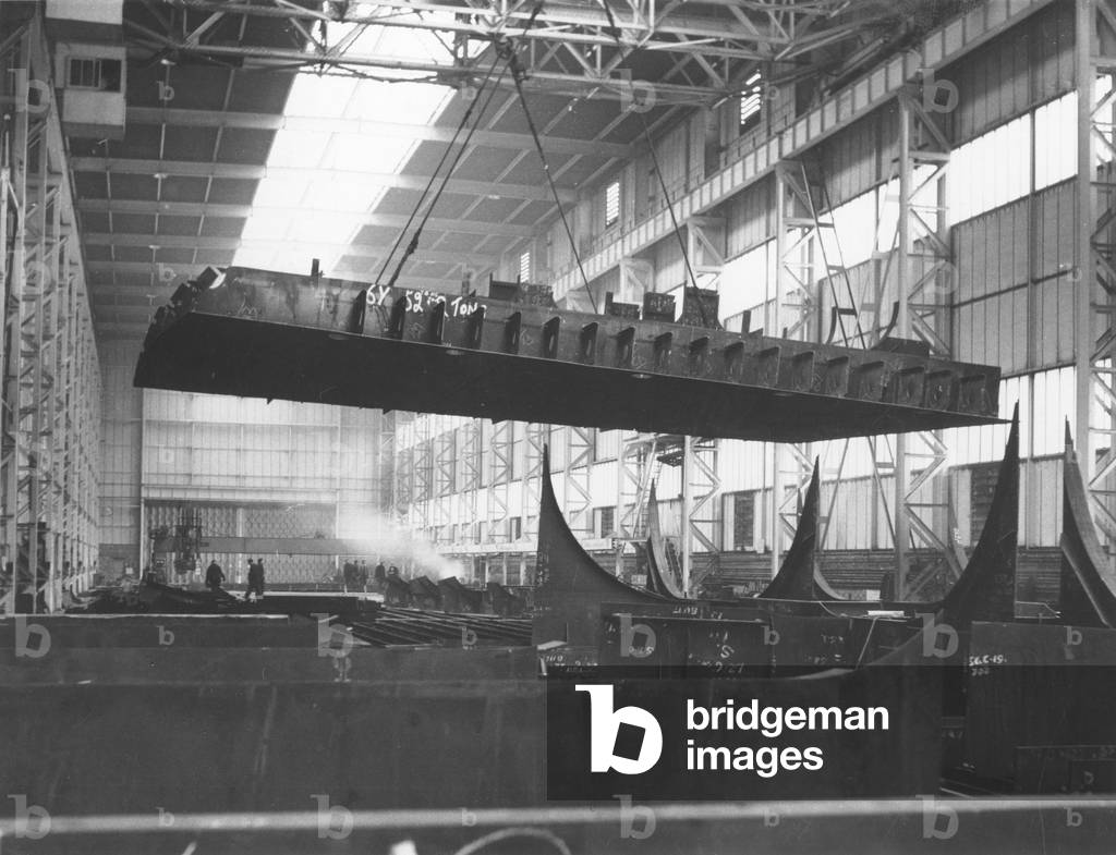 View inside the pre-fabrication shed, North Sands shipyard of J.L. Thompson & Sons, Sunderland, Tyne and Wear, UK, February 1962 (b/w photo)
