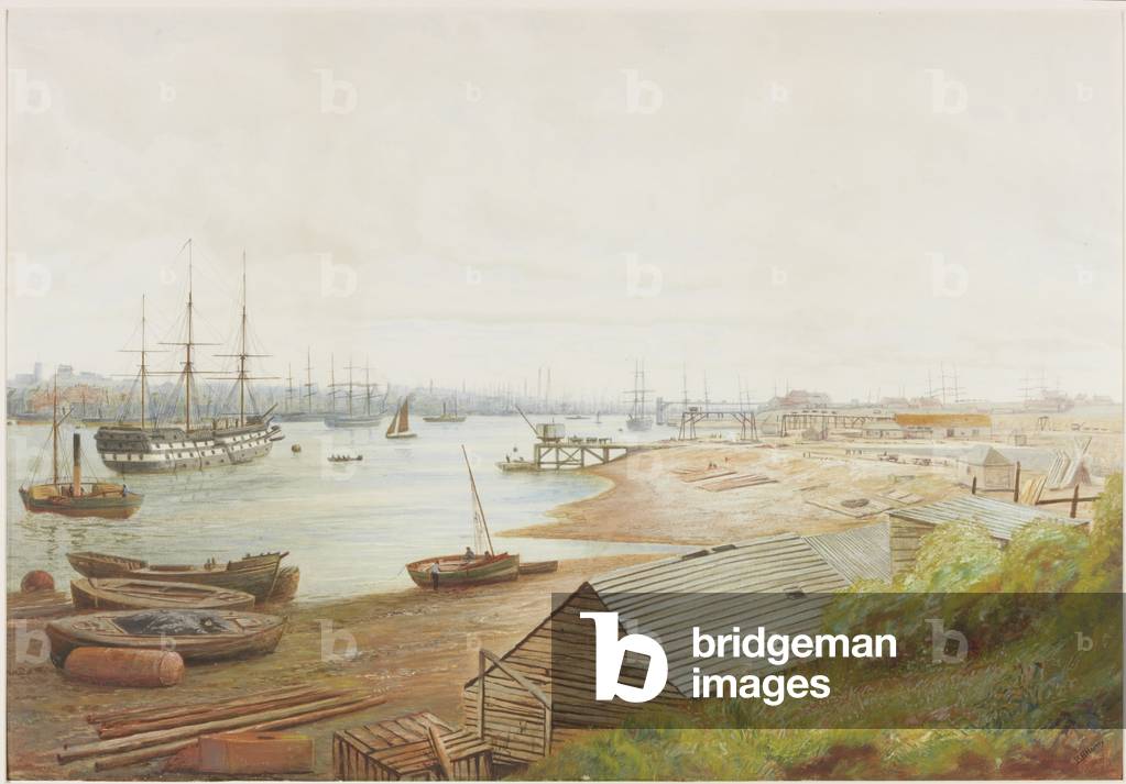 A busy river scene with numerous vessels (pencil, watercolour and bodycolour on paper)