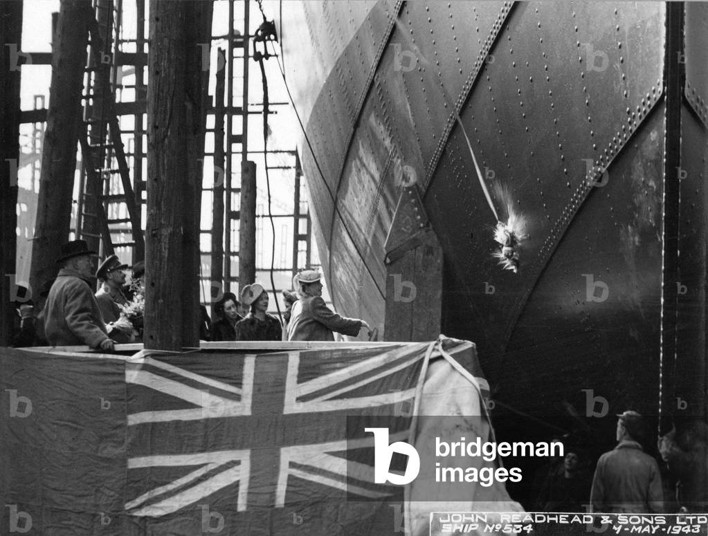 Launch of the cargo ship 'Kelmscott', South Shields, UK, 1943 (b/w photo)
