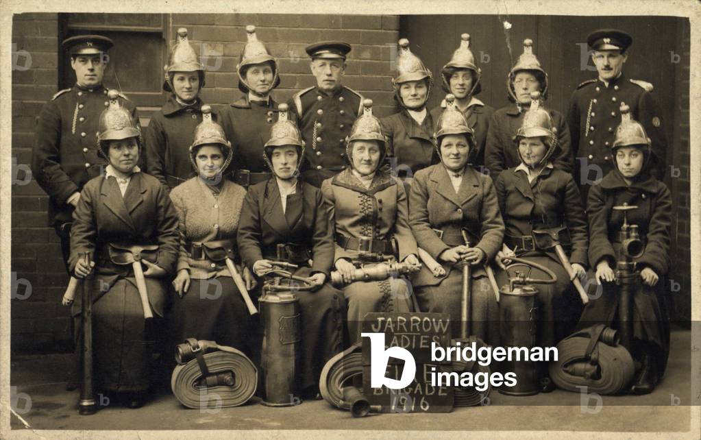 A postcard showing the Jarrow Ladies Fire Brigade during the First World War, Tyne and Wear, UK, 1916