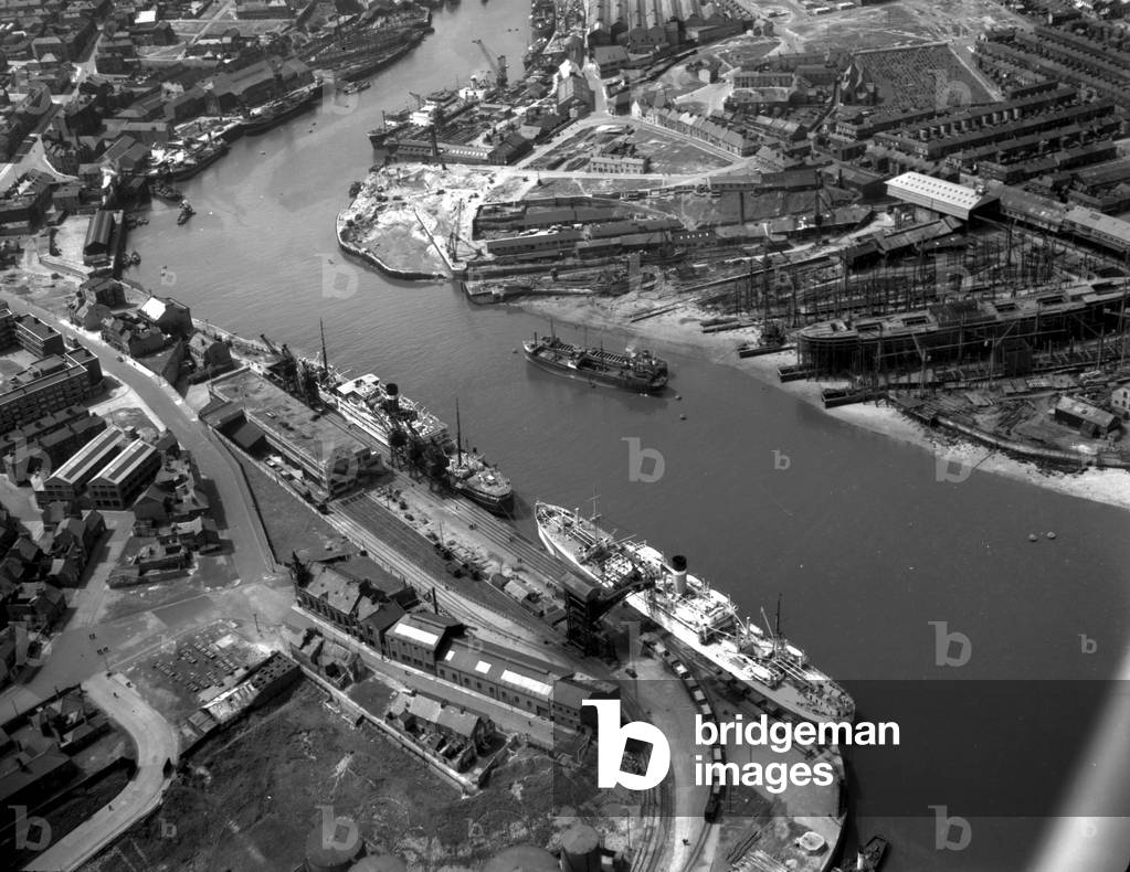 Aerial view of Corporation Quay, Sunderland, UK, 1950 (b/w photo)