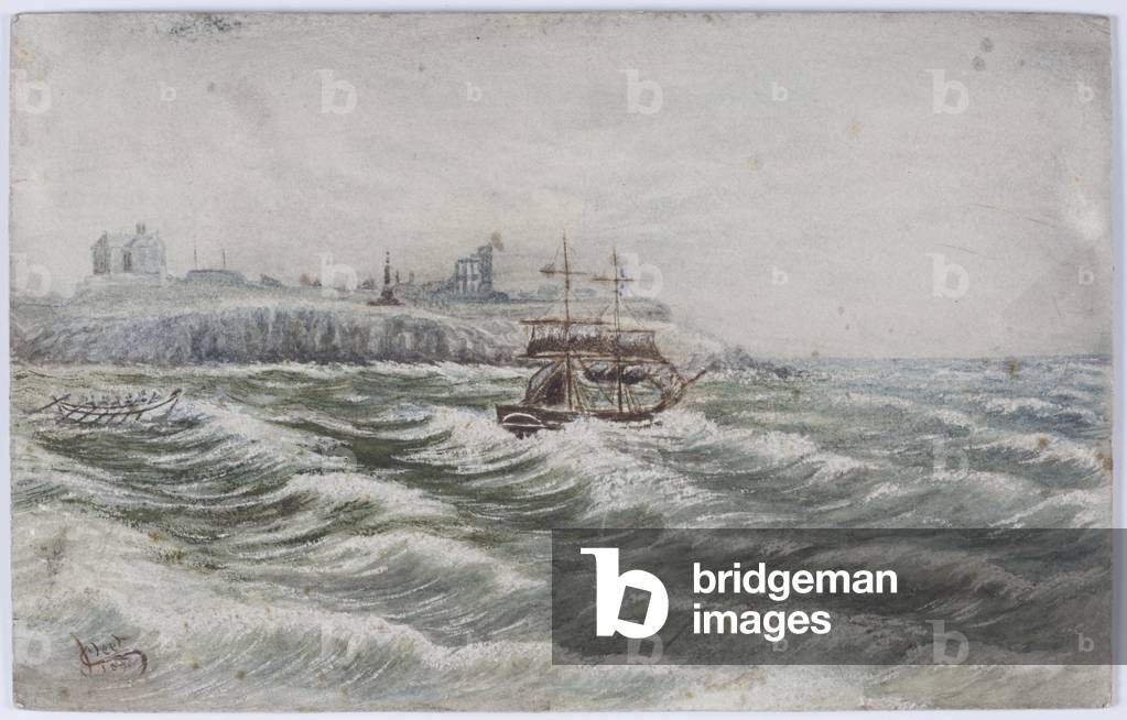 Stranding of the Beloy of Littlehampton and Loss of the Life Boat Crew of the Tyne (watercolour, bodycolour and scratching out on paper)