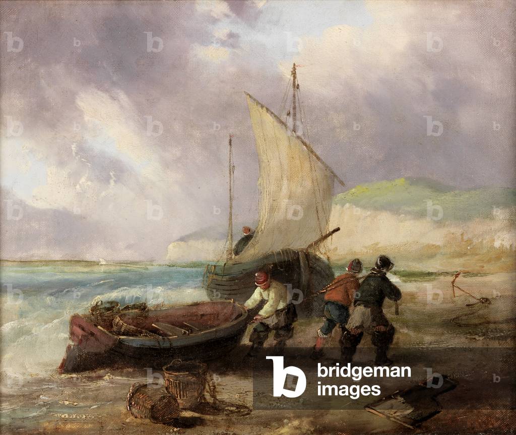 Coast Scene with Fishing Boats (oil on canvas)