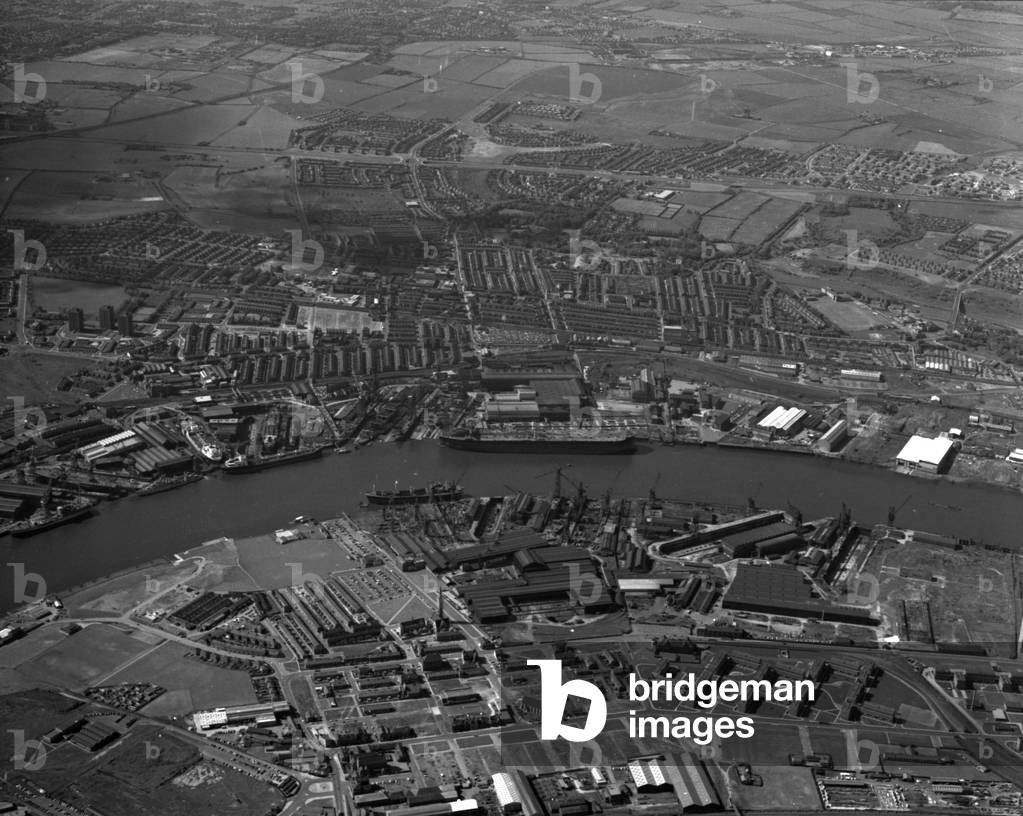 Aerial view of Hebburn, UK, June 1973 (b/w photo)