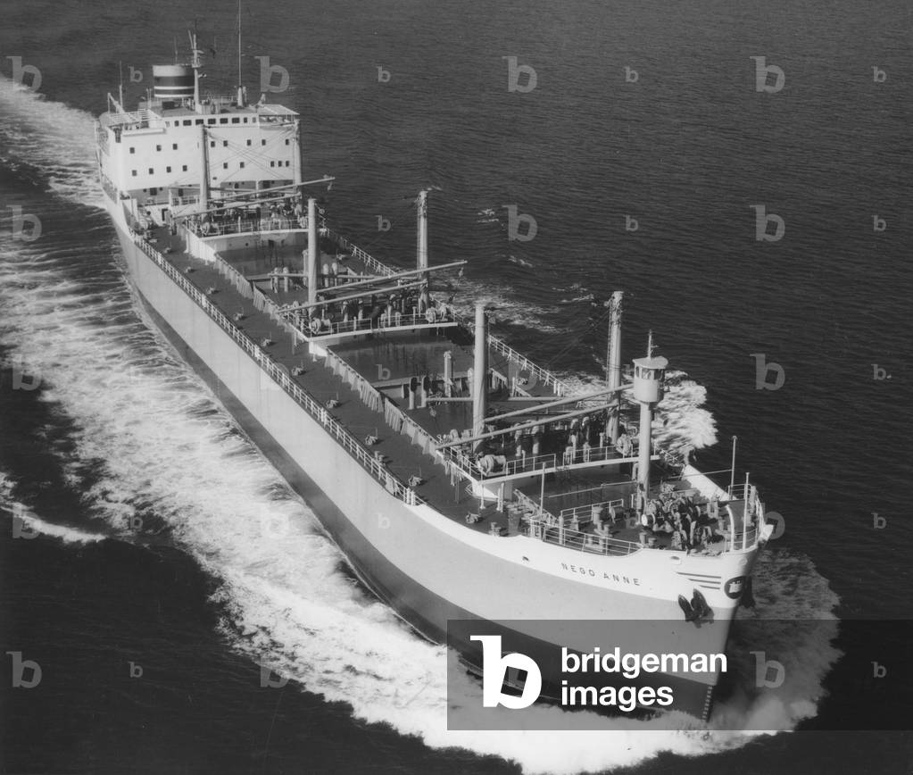 Aerial view of the bulk carrier 'Nego Anne' on sea trials, Sunderland, Tyne and Wear, UK, September 1961 (b/w photo)