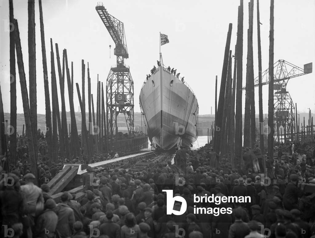 Launch of the cruiser HMS Uganda, Newcastle, UK, 1941 (b/w photo)