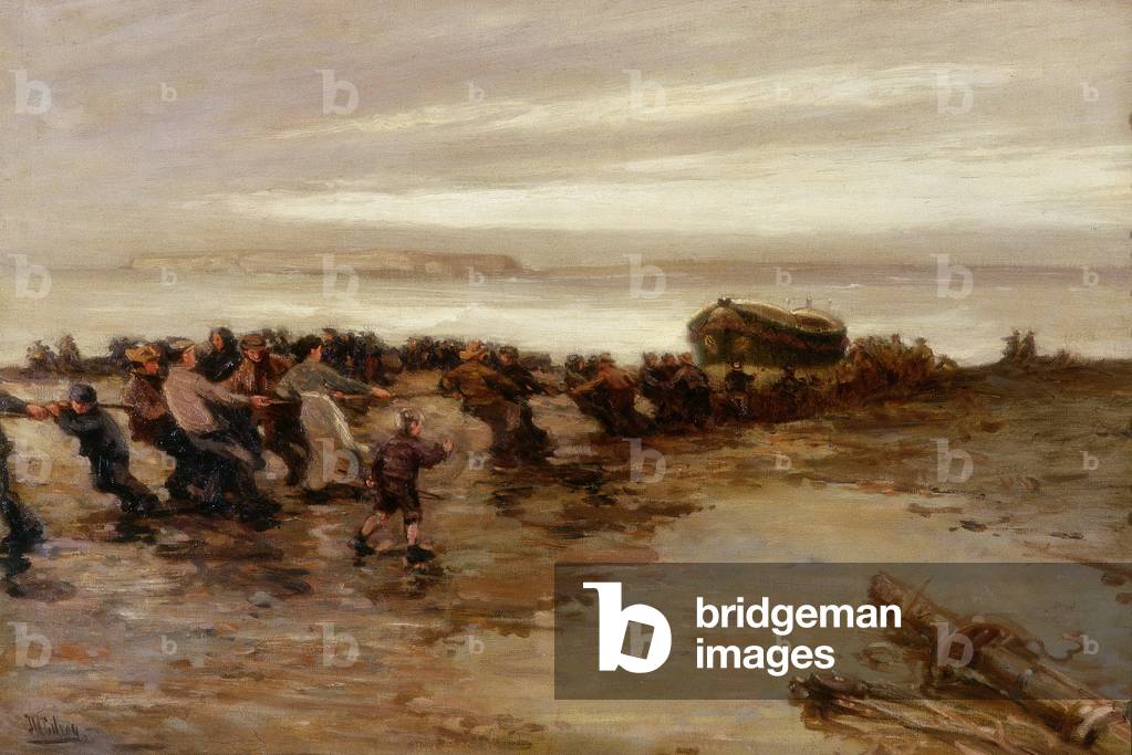 Hauling up the Lifeboat, Holy Island, c.1910-20 (oil on canvas)