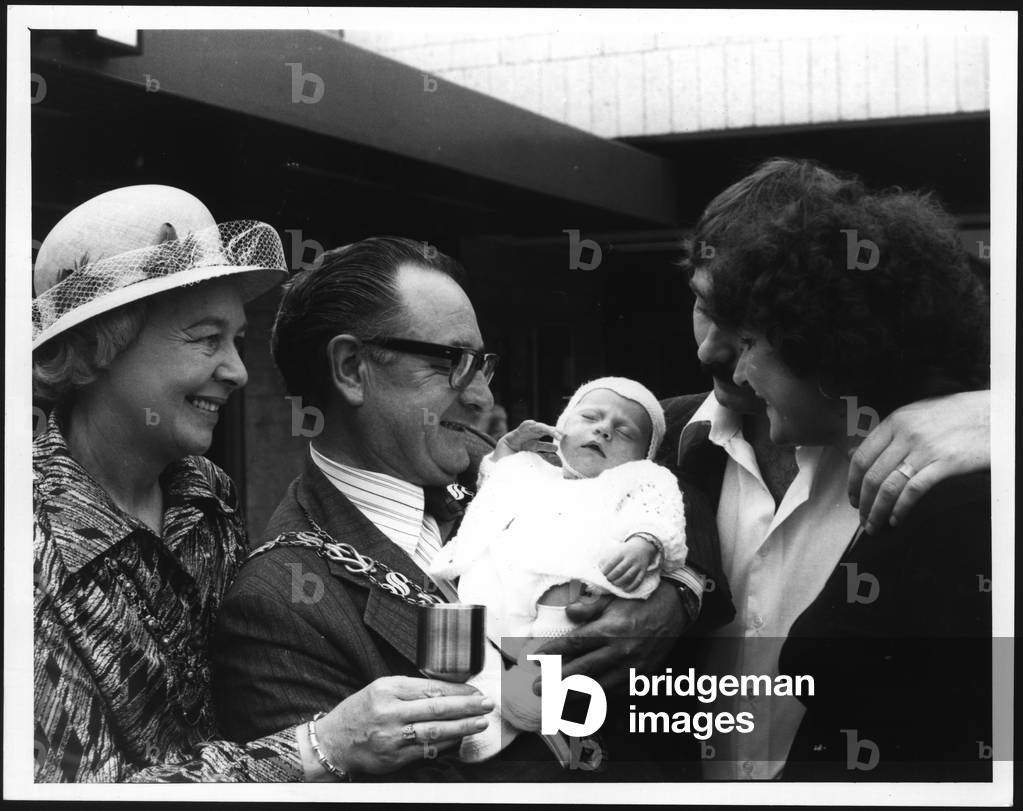Mayor of Washington meeting its 50000th resident, Washington, UK, 1970s (b/w photo)