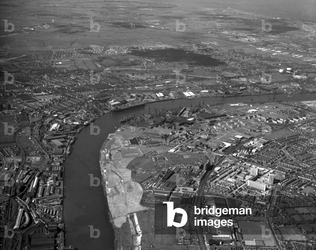 Aerial view of Hebburn, UK, June 1973 (b/w photo)
