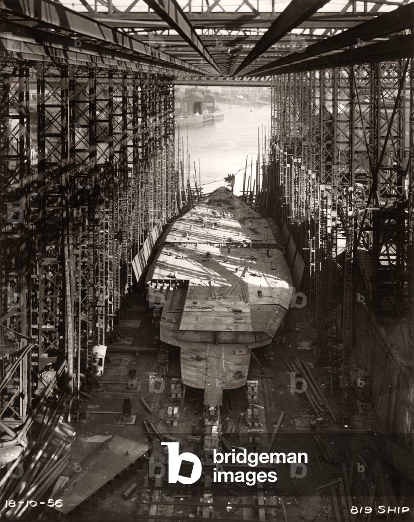 Work nearly complete on the double bottom of ‘Northbank’ at the shipyard of William Doxford & Sons, Sunderland, 18th   October 1956 (b/w photo)