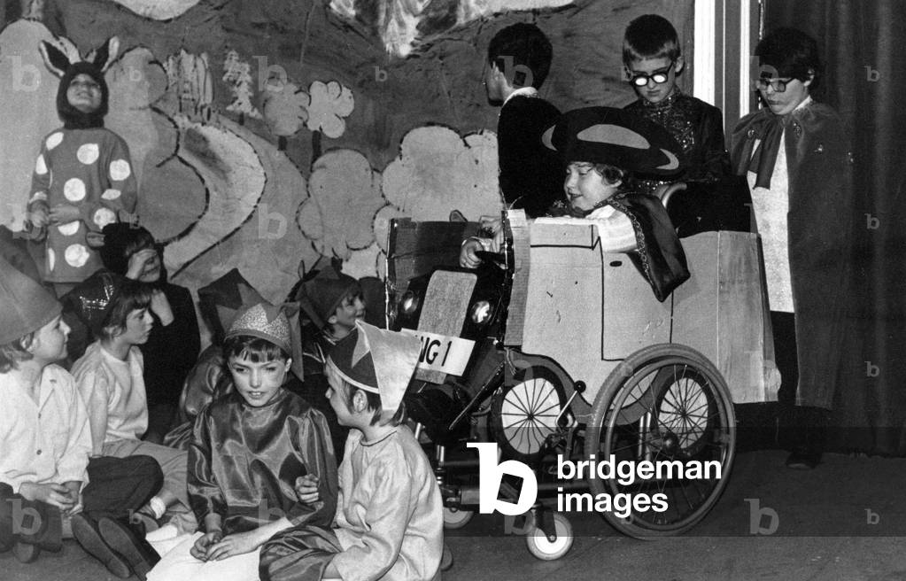 Children performing in a school play at the Royal Victoria School for the Blind, possibly a Nativity performance, Newcastle upon Tyne, UK, 1982 (b/w photo)

