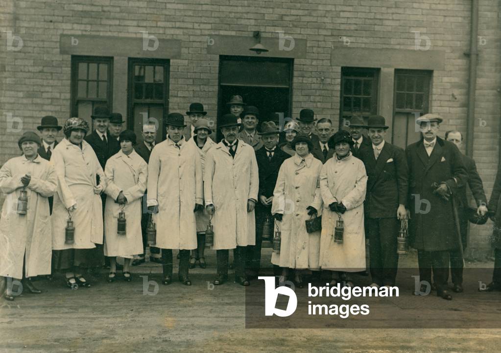 Ready to descent Ellington Colliery, Northumberland, UK, 1925 (b/w photo)