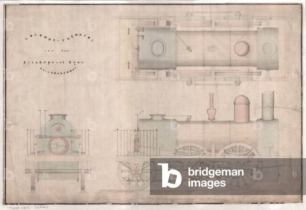 Construction drawing, 0-4-2 locomotive and tender by R. and W. Hawthorn and Co. for the Stanhope and Tyne Railway Co (pen & ink and w/c on paper)