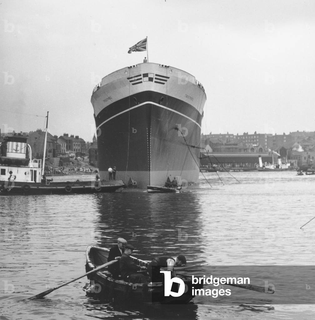 Launch of the cargo ship 'Troutpool', Sunderland, Tyne and Wear, UK, 19 August 1955 (b/w photo)
