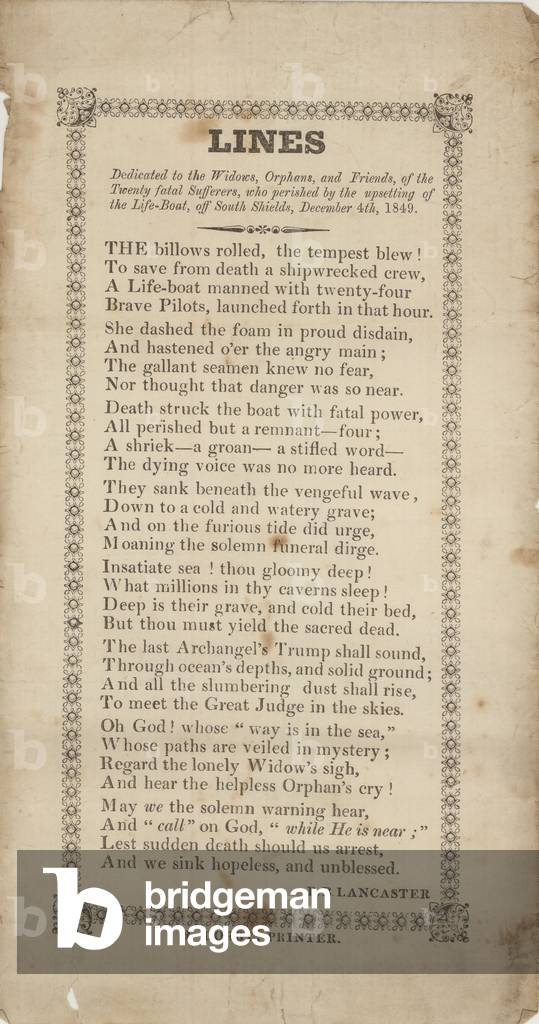 Printed broadsheet, of a poem dedicated to the families of 20 victims who died in a lifeboat accident off the coast of South Shields on 4th December 1849 (newsprint)