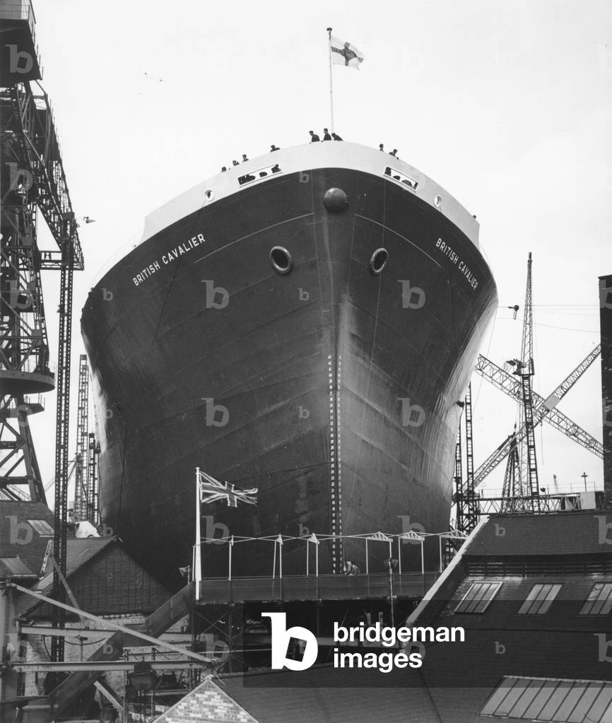View of the tanker 'British Cavalier' ready for launch, Sunderland, Tyne and Wear, UK, 19 June 1962 (b/w photo)

