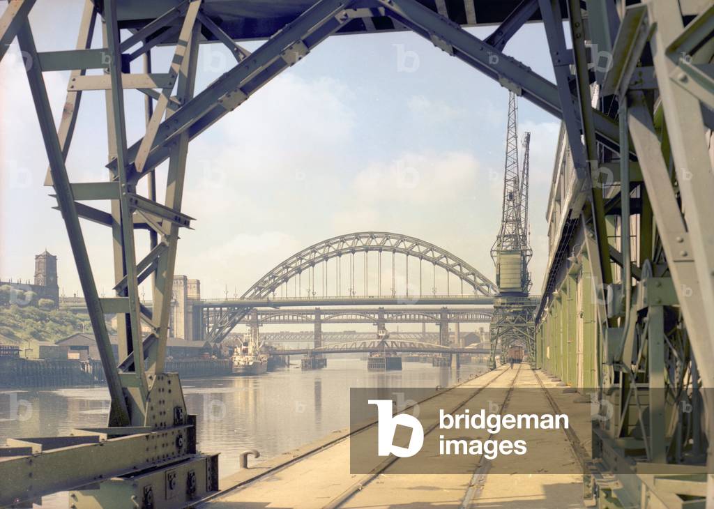 View of the Tyne Bridge from the Quayside, Newcastle upon Tyne, July 1960 (colour photo)