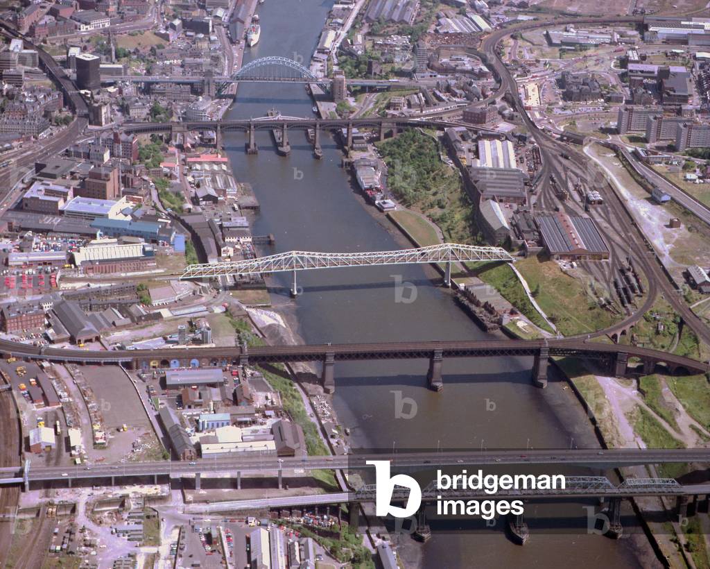 Aerial view of the bridges across the River Tyne, UK, 1983 (photo)