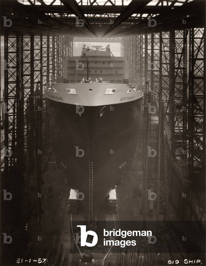 Painting of the hull is complete and the vessel is ready for launch, 31st January 1957 (b/w photo)